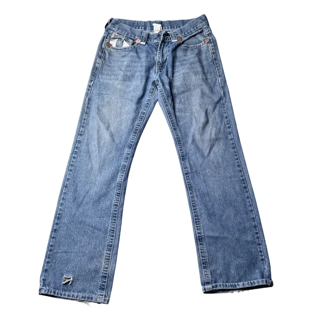 True Religion Joey Super T Mens 32 Blue Wash Straight Leg Jeans USA Made FLAW